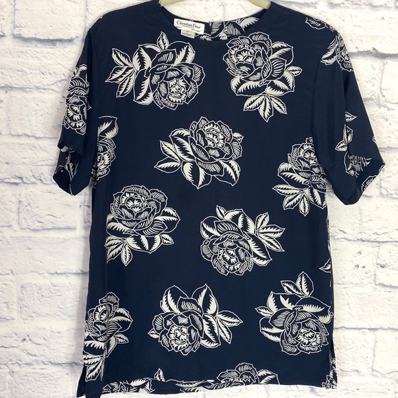 Dior Tops - Christian Dior vintage navy rose print short sleeve top 10
